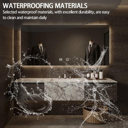 52”-72”Single Sink Floating Bathroom Vanity with LED Backlit Mirror, Dark Marble & Wood Cabinet