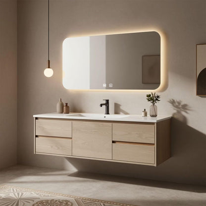 36"-64"Modern Floating Bathroom Vanity, Light Oak Single Sink Cabinet with Drawers