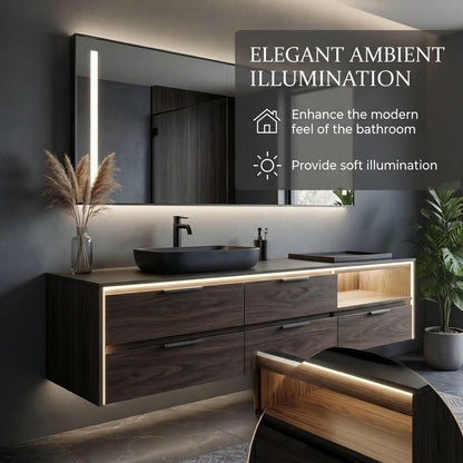 36"-64"Floating Dark Wood Bathroom Vanity with Black Vessel Sink & LED Mirror