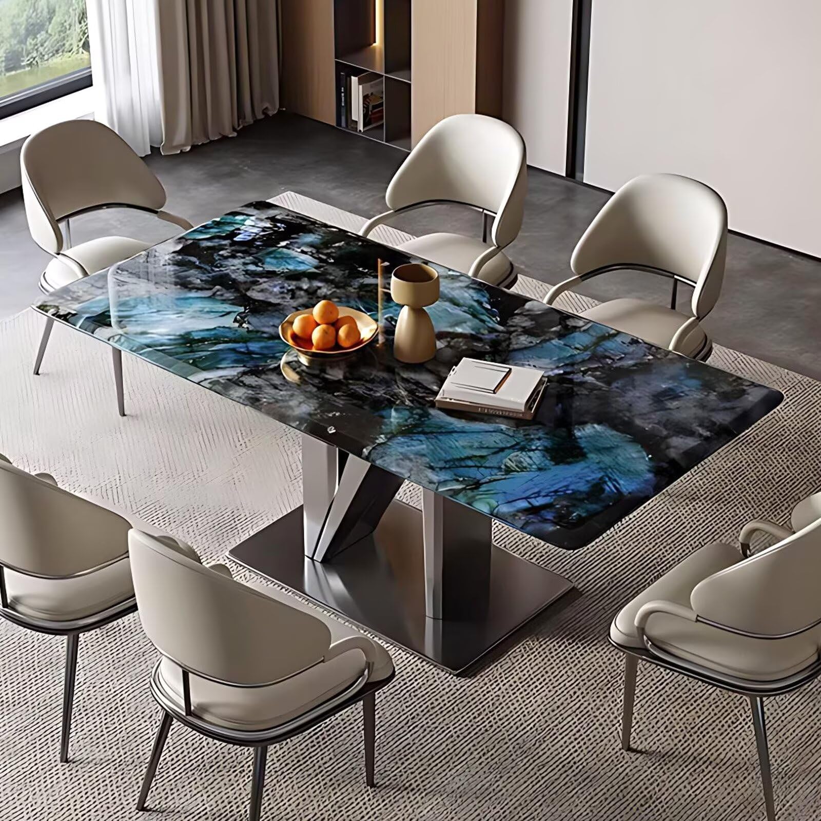 55.11“-70.86”Luxury Marble Dining Table with Polished Surface & Metal Base for 6 People