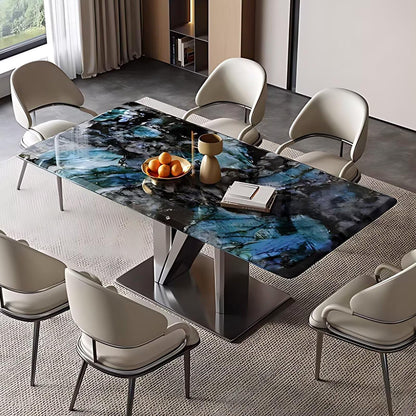 55.11“-70.86”Luxury Marble Dining Table with Polished Surface & Metal Base for 6 People