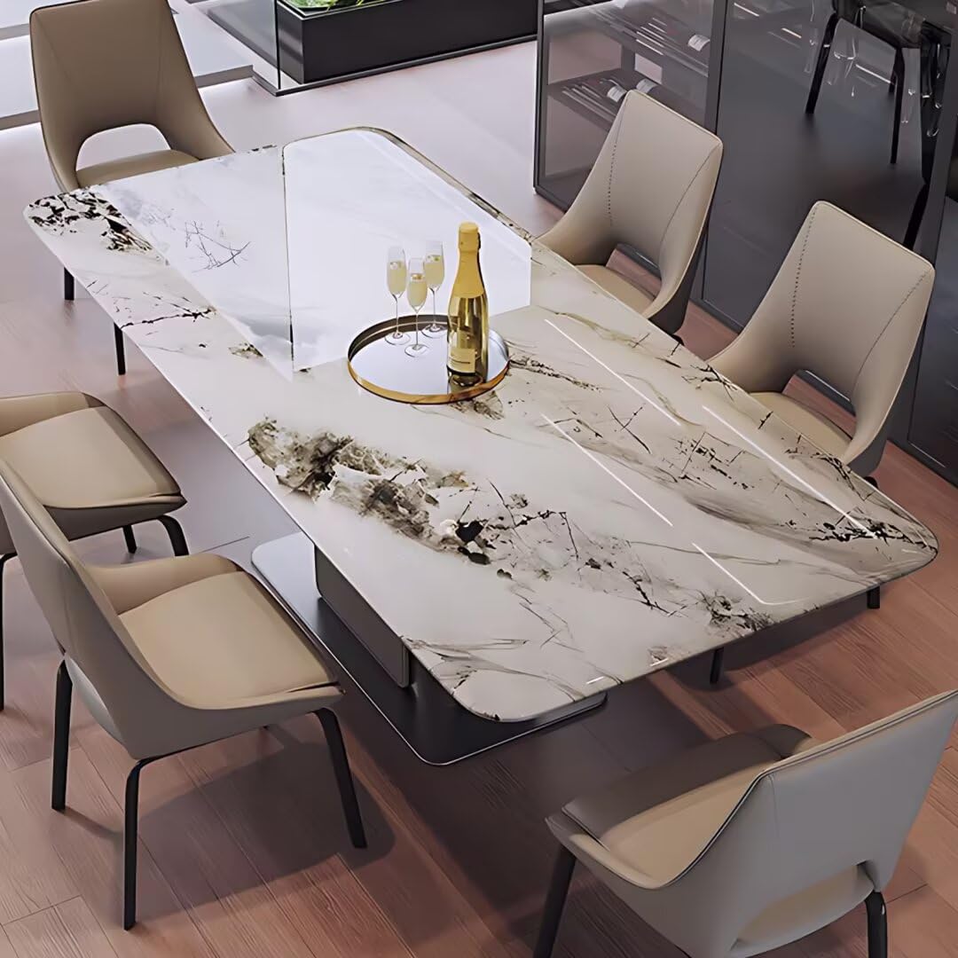 55.11"-70.86"Luxury White Marble Dining Table Set with 6 Upholstered Chairs for Home