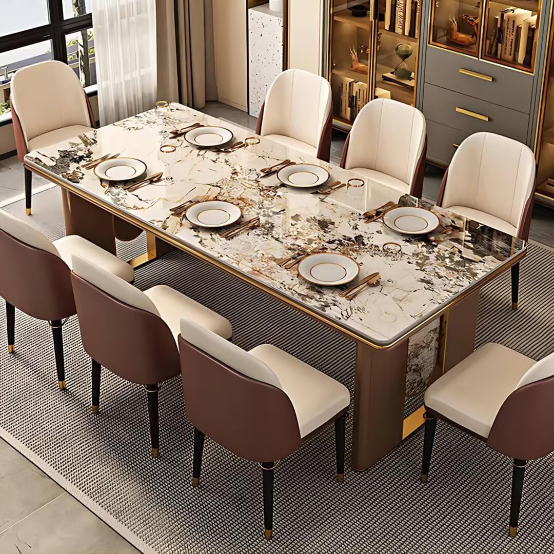 55.12"-70.86"Luxury White Marble Dining Table Set with 8 Chairs, Gold Trim