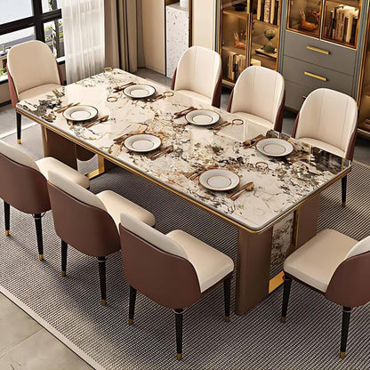 55.12"-70.86"Luxury White Marble Dining Table Set with 8 Chairs, Gold Trim