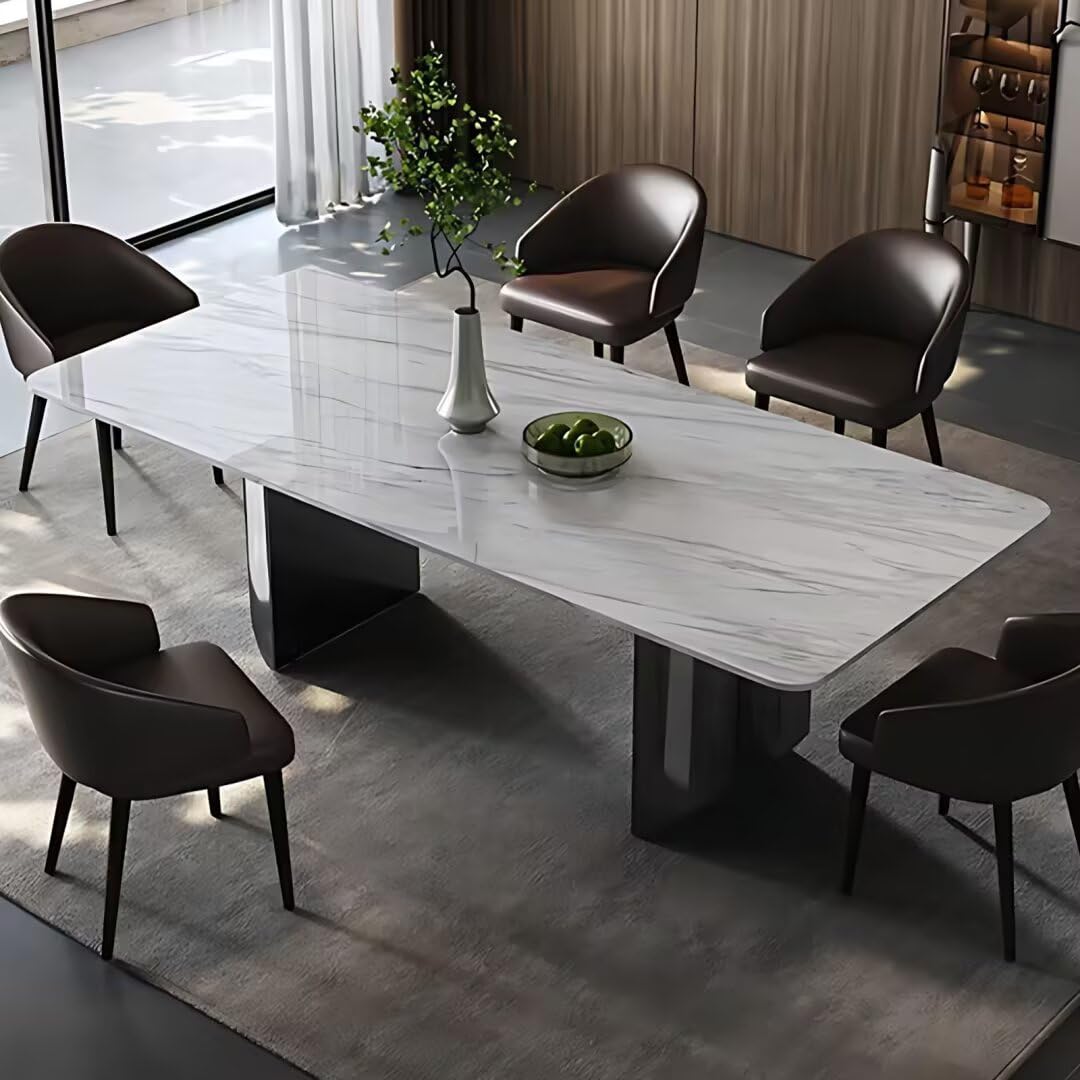 55.11"-70.86"Rectangular Sintered Stone Dining Table, White Marble Top with Black Metal Base