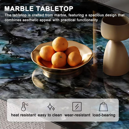 55.11“-70.86”Luxury Marble Dining Table with Polished Surface & Metal Base for 6 People