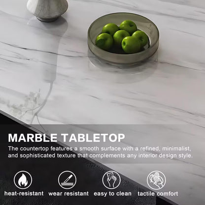 55.11"-70.86"Rectangular Sintered Stone Dining Table, White Marble Top with Black Metal Base