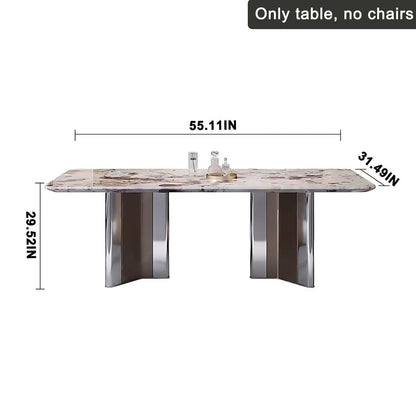55"-71"Luxury Sintered Stone Dining Table, Rectangular with Marble-Look Top & Metal Base