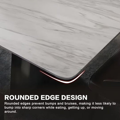55.11"-70.86"Rectangular Sintered Stone Dining Table, White Marble Top with Black Metal Base