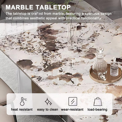 55"-71"Luxury Sintered Stone Dining Table, Rectangular with Marble-Look Top & Metal Base