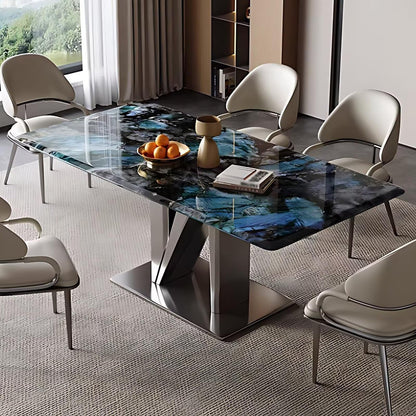 55.11“-70.86”Luxury Marble Dining Table with Polished Surface & Metal Base for 6 People