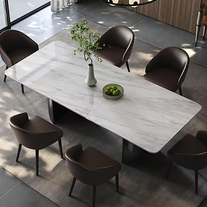 55.11"-70.86"Rectangular Sintered Stone Dining Table, White Marble Top with Black Metal Base