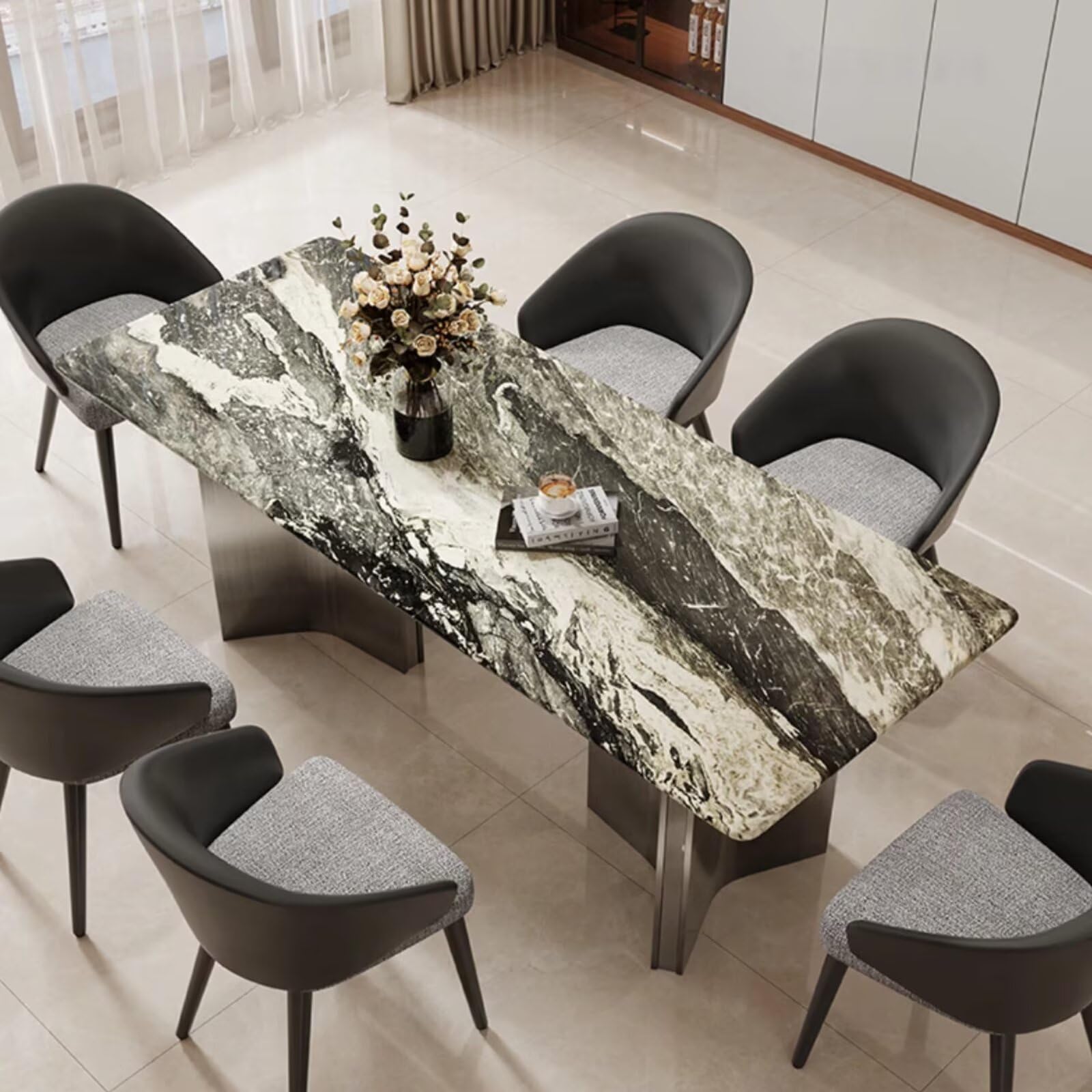 55.12"-78.74"Luxury Marble Dining Table Set with 6 Upholstered Chairs for Home & Apartment