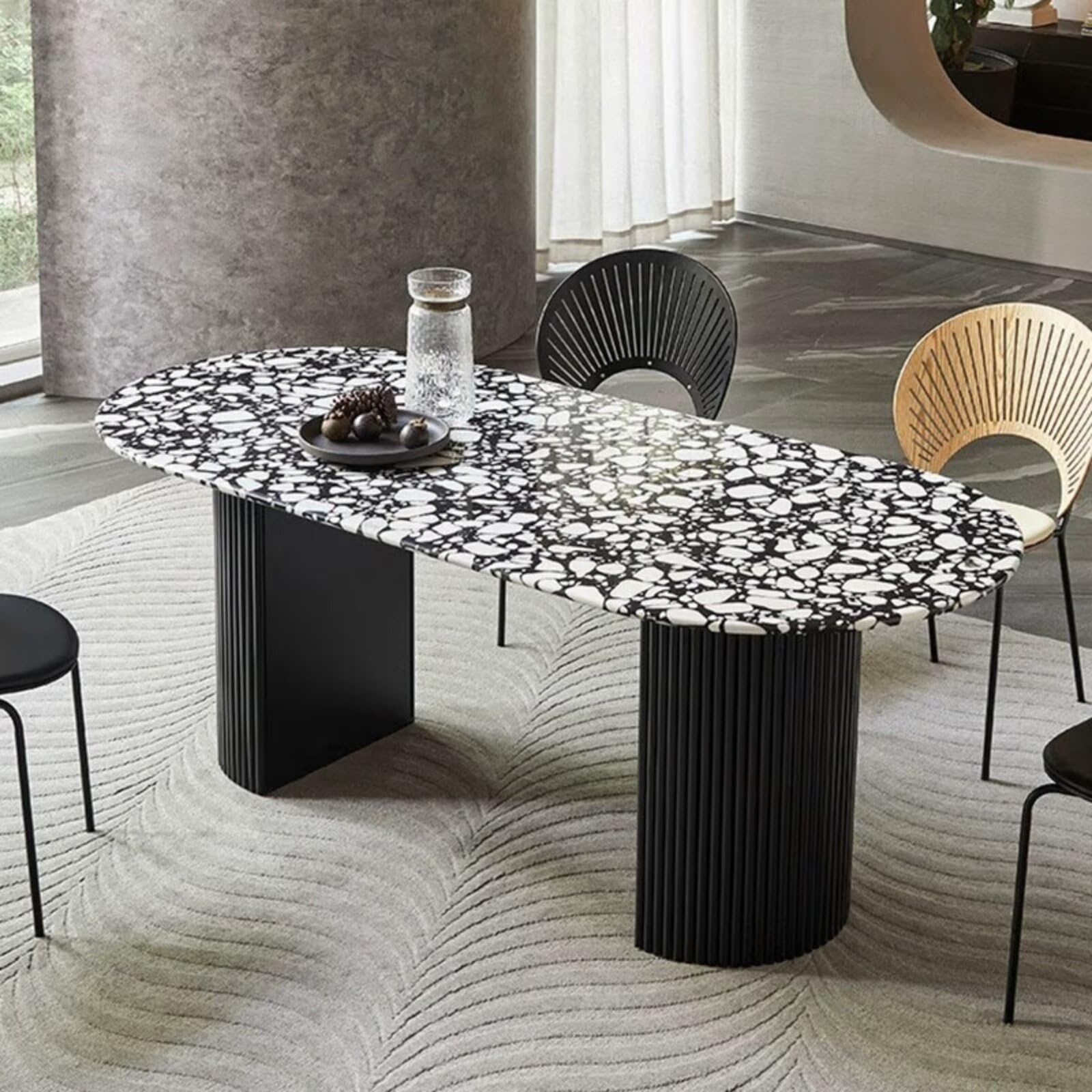 55.12"-70.87"Oval Terrazzo Dining Table, Durable Black Fluted Base