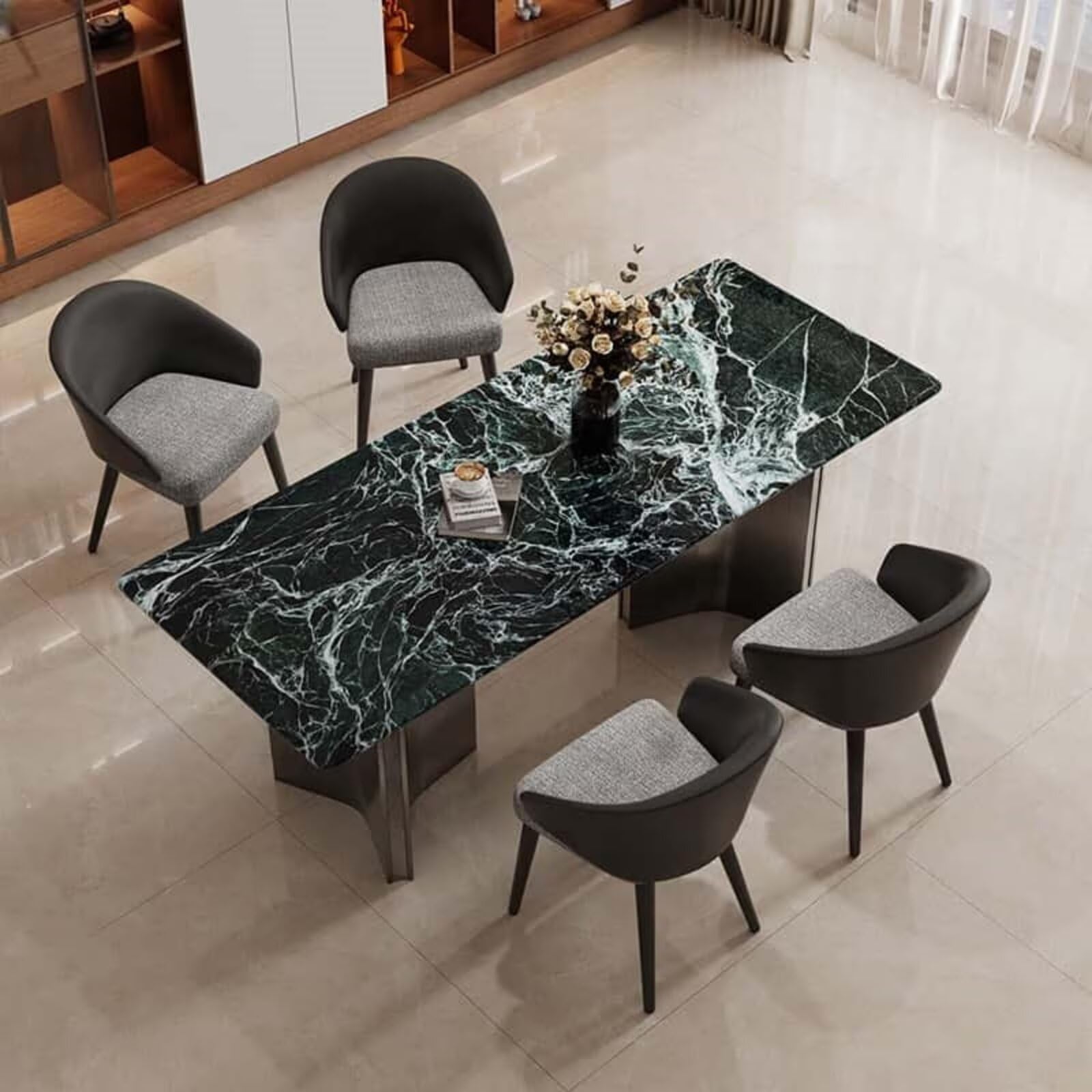 55.12"-78.74"Modern Green Marble Dining Table Set with 4 Chairs