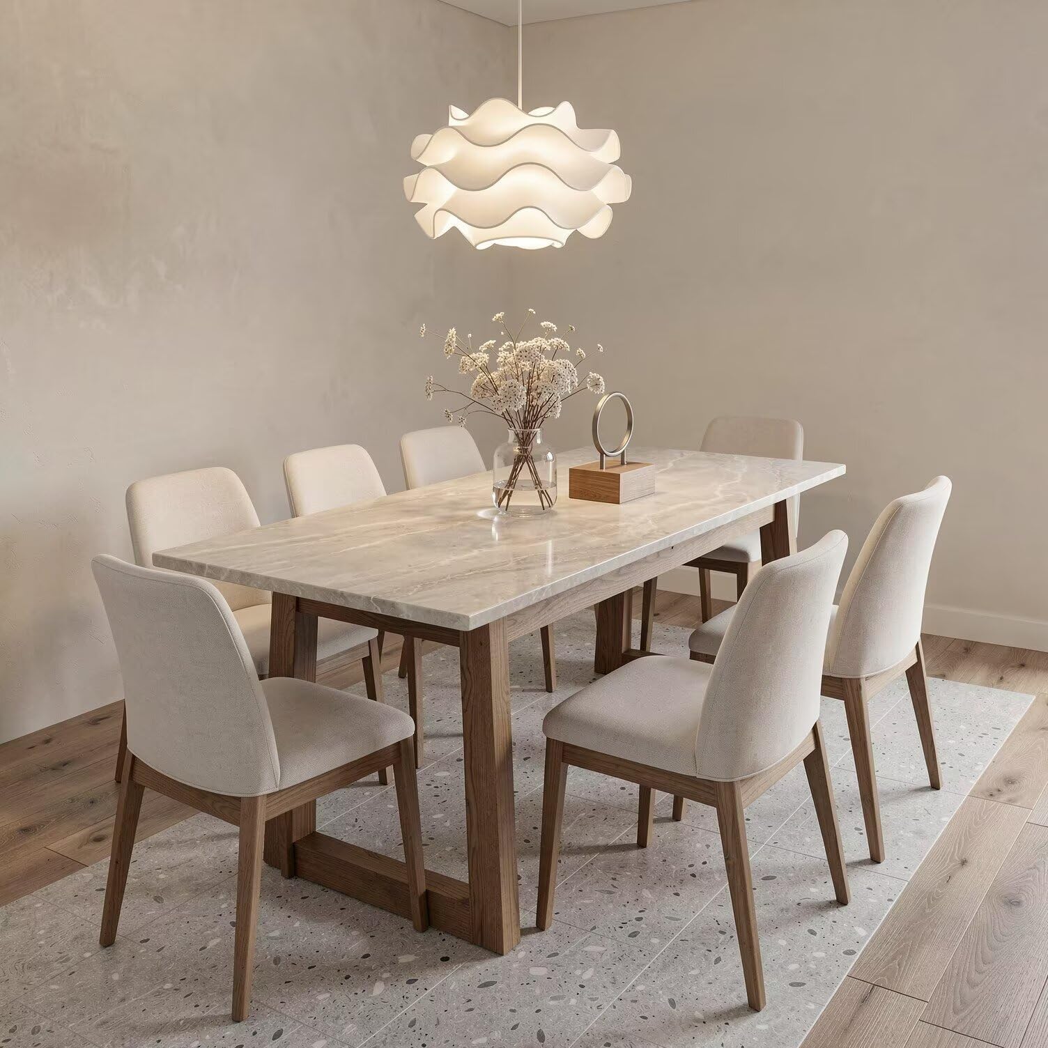 55.12"-78.74"Light Marble Dining Table, Modern Rectangular Table with Solid Wood Legs