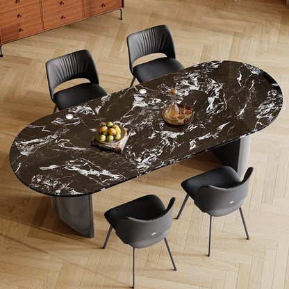 55.12"-70.87"Oval Black Marble Dining Table Set with 4 Chairs for Modern Kitchen