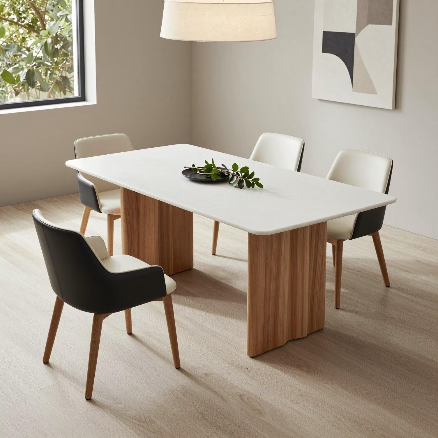 55.12"-78.74"Elegant White Surface Dining Table, Sleek Kitchen Table with Natural Wood Legs