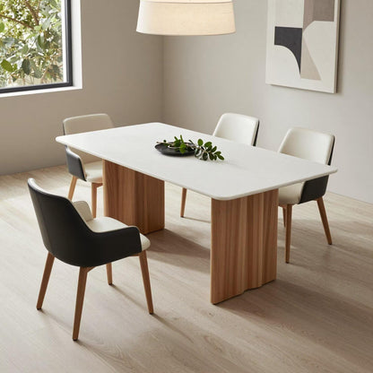 55.12"-78.74"Elegant White Surface Dining Table, Sleek Kitchen Table with Natural Wood Legs