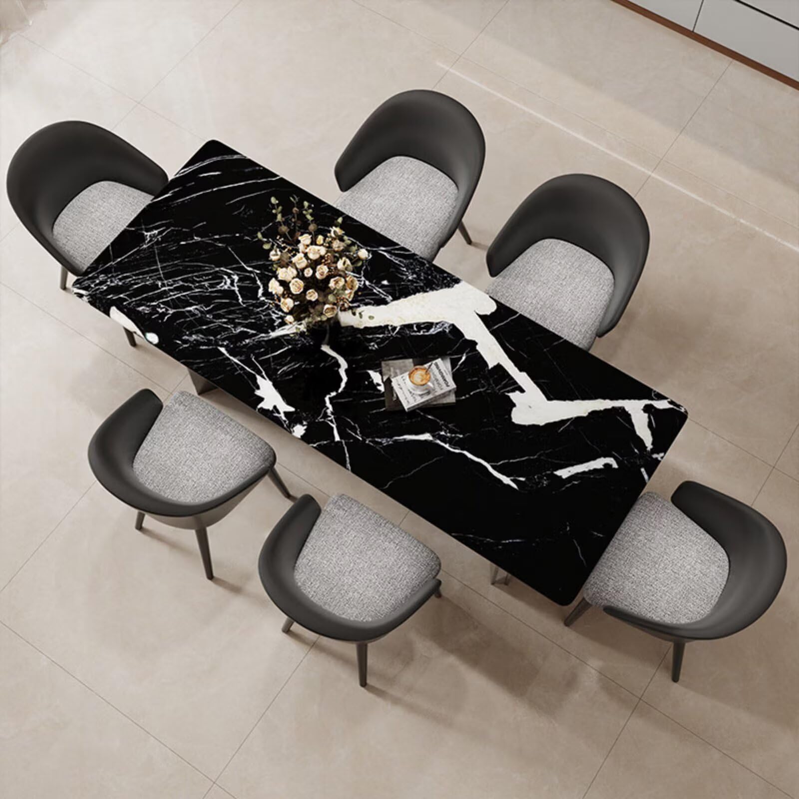 55.12“-78.74”Modern Black Marble Dining Table Set with 6 Chairs for Kitchen & Dining Room