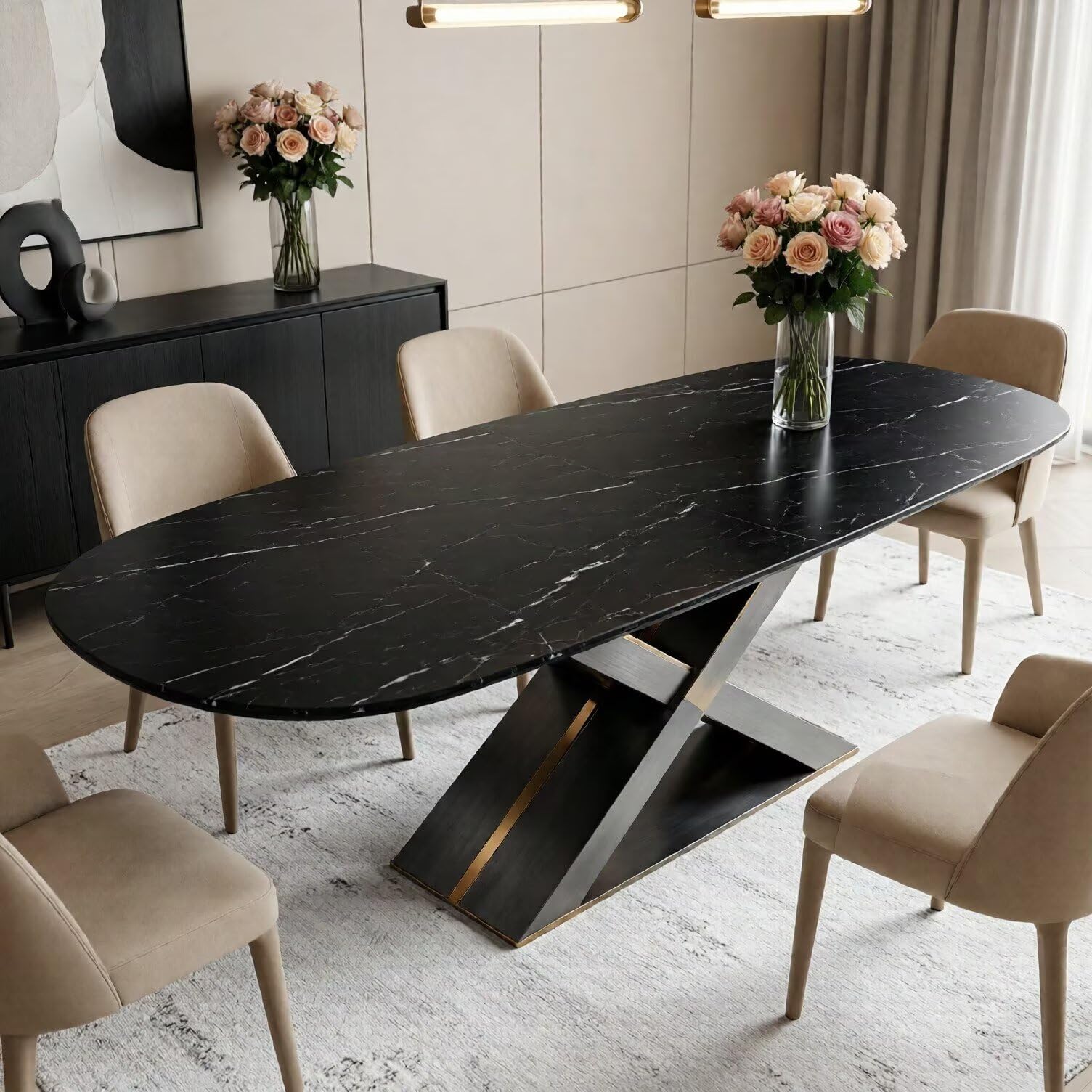 55.12"-78.74"Luxury Black Marble Oval Dining Table, Contemporary Table with Sleek Gold Metal Legs