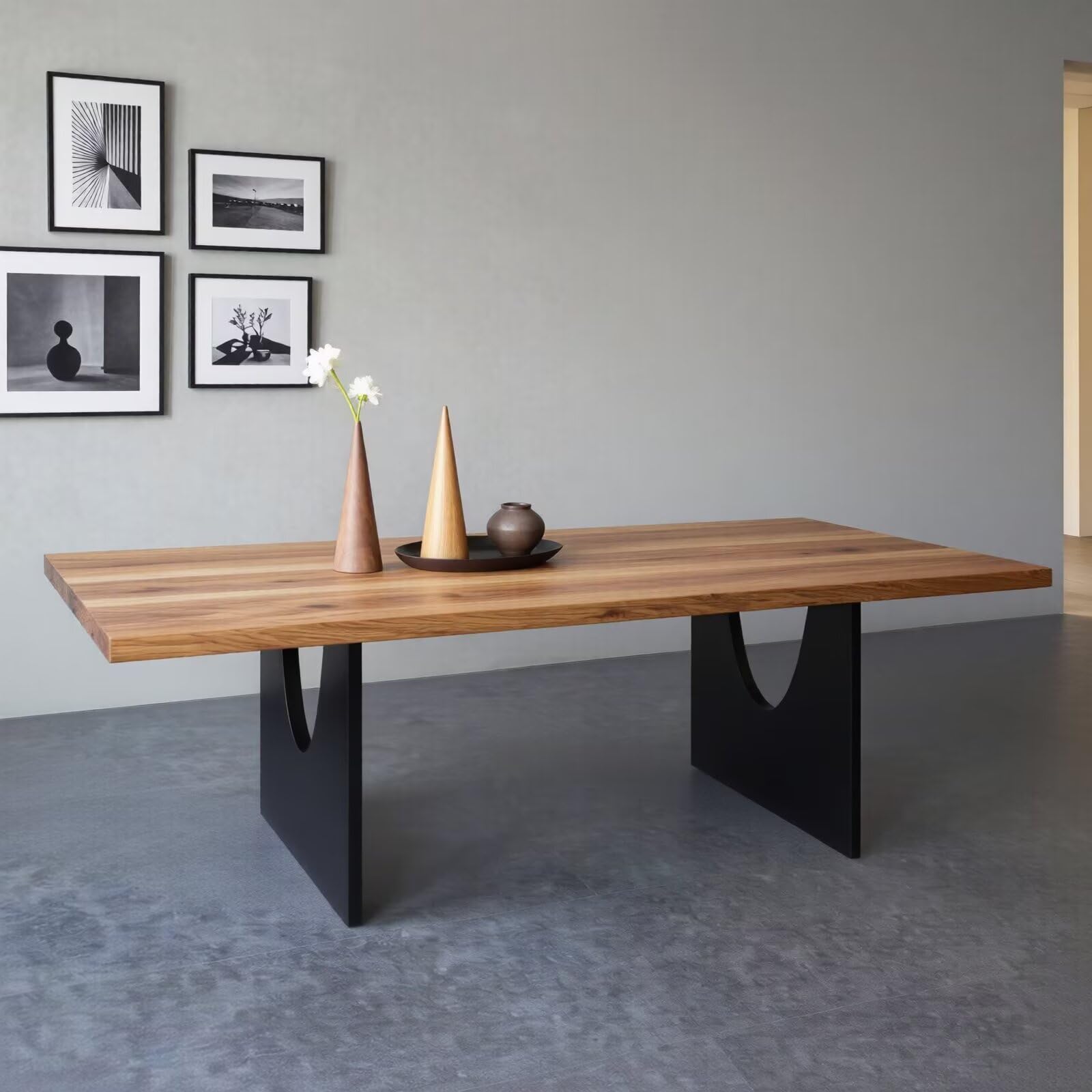 55.12"-78.74"Solid Wood Dining Table, Modern Rectangular Table with Black Metal U-Cut Legs