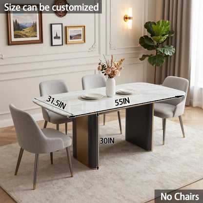 55.12"-78.74"Modern White Marble Dining Table, Luxury Kitchen Table with Sleek Gold Trim Base