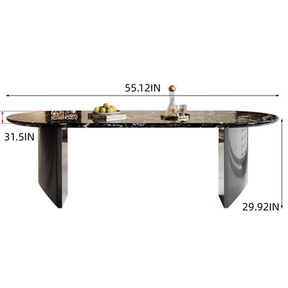 55.12"-70.87"Oval Black Marble Dining Table Set with 4 Chairs for Modern Kitchen