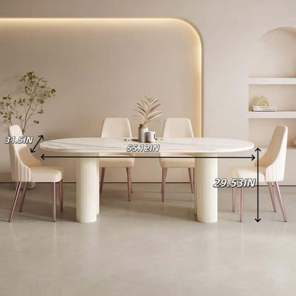 55.12"-78.74"Oval White Marble Dining Table, Modern Table with Fluted Cream Pedestal Base