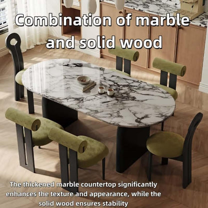 55.12"-70.87"White Marble Oval Dining Table, Modern Table with Black Pedestal Base