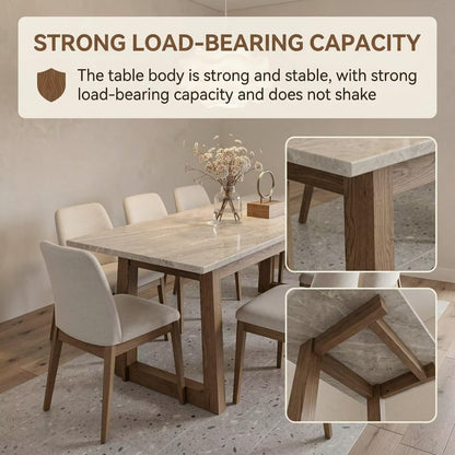 55.12"-78.74"Light Marble Dining Table, Modern Rectangular Table with Solid Wood Legs