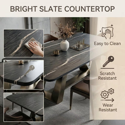 55.12"-78.74"Modern Dark Marble Dining Table, Contemporary Table with Unique V-Shaped Metal Legs