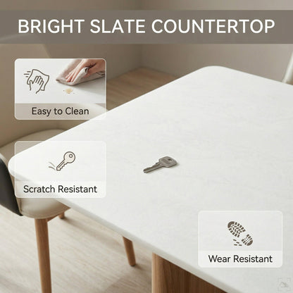 55.12"-78.74"Elegant White Surface Dining Table, Sleek Kitchen Table with Natural Wood Legs