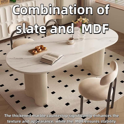 55.12"-78.74"Oval White Marble Dining Table, Modern Table with Fluted Cream Pedestal Base