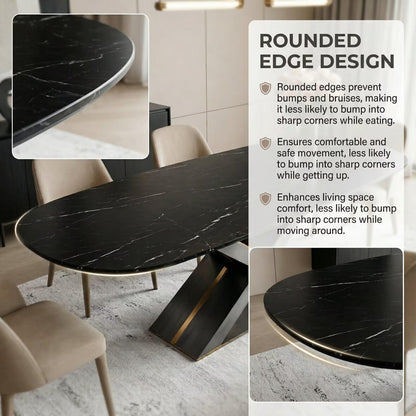 55.12"-78.74"Luxury Black Marble Oval Dining Table, Contemporary Table with Sleek Gold Metal Legs