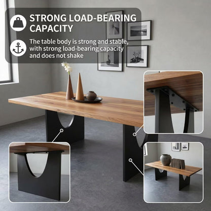 55.12"-78.74"Solid Wood Dining Table, Modern Rectangular Table with Black Metal U-Cut Legs