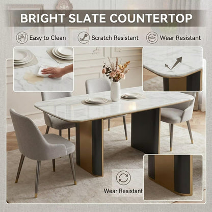55.12"-78.74"Modern White Marble Dining Table, Luxury Kitchen Table with Sleek Gold Trim Base