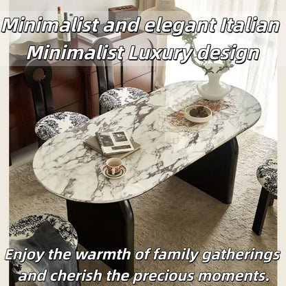 55.12"-70.87"White Marble Oval Dining Table, Modern Table with Black Pedestal Base