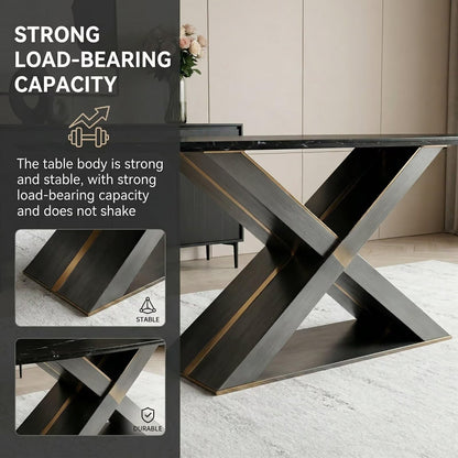 55.12"-78.74"Luxury Black Marble Oval Dining Table, Contemporary Table with Sleek Gold Metal Legs