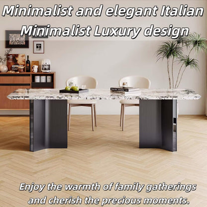 55.12"-78.74"Rectangular Sintered Stone Dining Table, Natural Veined Marble Top with Metal Base