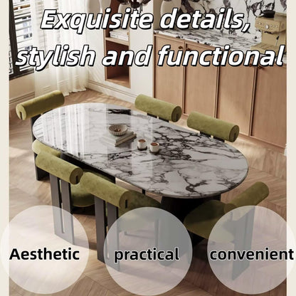 55.12"-70.87"White Marble Oval Dining Table, Modern Table with Black Pedestal Base