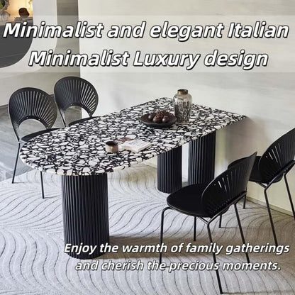 55.12"-70.87"Oval Terrazzo Dining Table, Durable Black Fluted Base