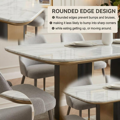 55.12"-78.74"Modern White Marble Dining Table, Luxury Kitchen Table with Sleek Gold Trim Base