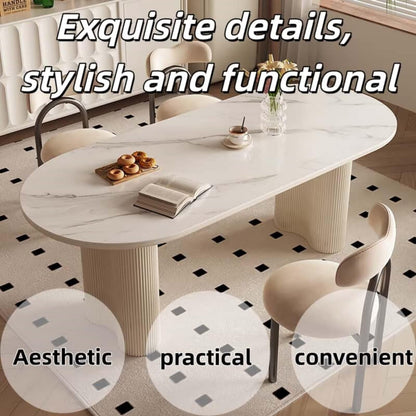 55.12"-78.74"Oval White Marble Dining Table, Modern Table with Fluted Cream Pedestal Base
