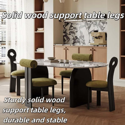 55.12"-70.87"White Marble Oval Dining Table, Modern Table with Black Pedestal Base