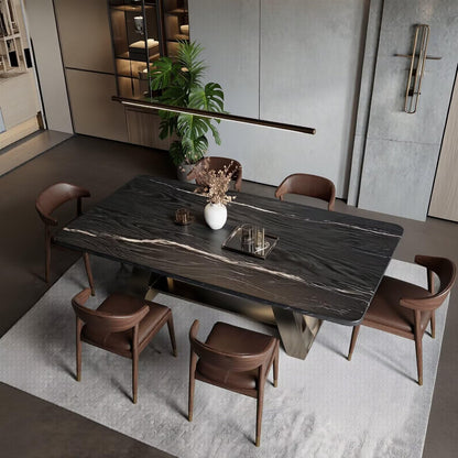 55.12"-78.74"Modern Dark Marble Dining Table, Contemporary Table with Unique V-Shaped Metal Legs