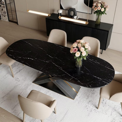 55.12"-78.74"Luxury Black Marble Oval Dining Table, Contemporary Table with Sleek Gold Metal Legs