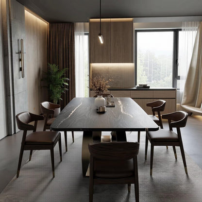 55.12"-78.74"Modern Dark Marble Dining Table, Contemporary Table with Unique V-Shaped Metal Legs