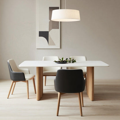 55.12"-78.74"Elegant White Surface Dining Table, Sleek Kitchen Table with Natural Wood Legs