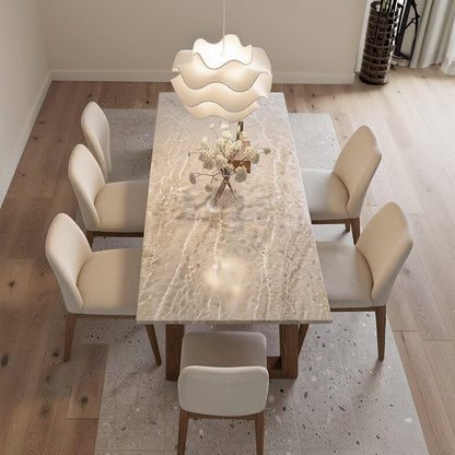 55.12"-78.74"Light Marble Dining Table, Modern Rectangular Table with Solid Wood Legs